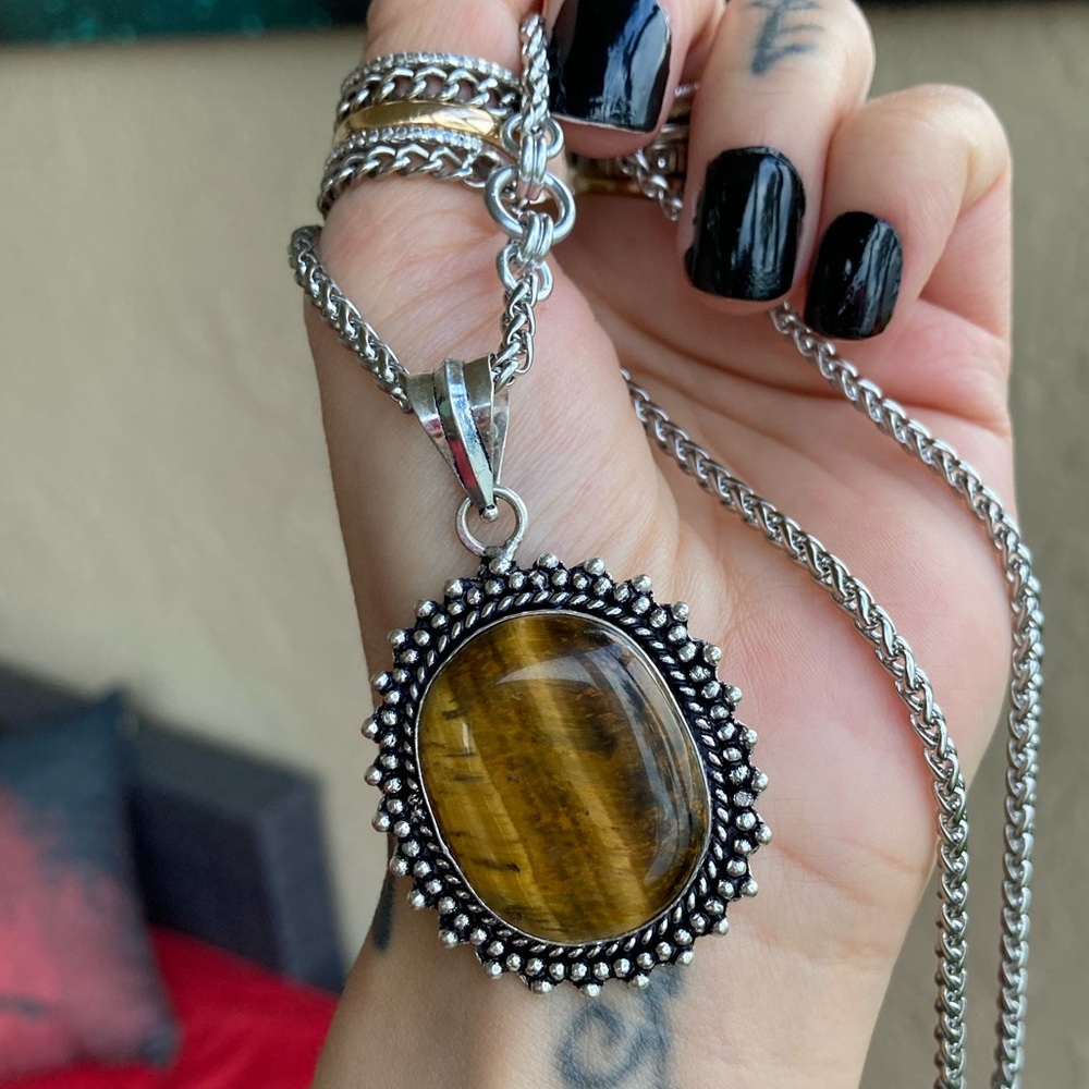 925 Sterling silver overlay golden brown tiger eye gemstone steel boho necklace - Picture 8 of 13